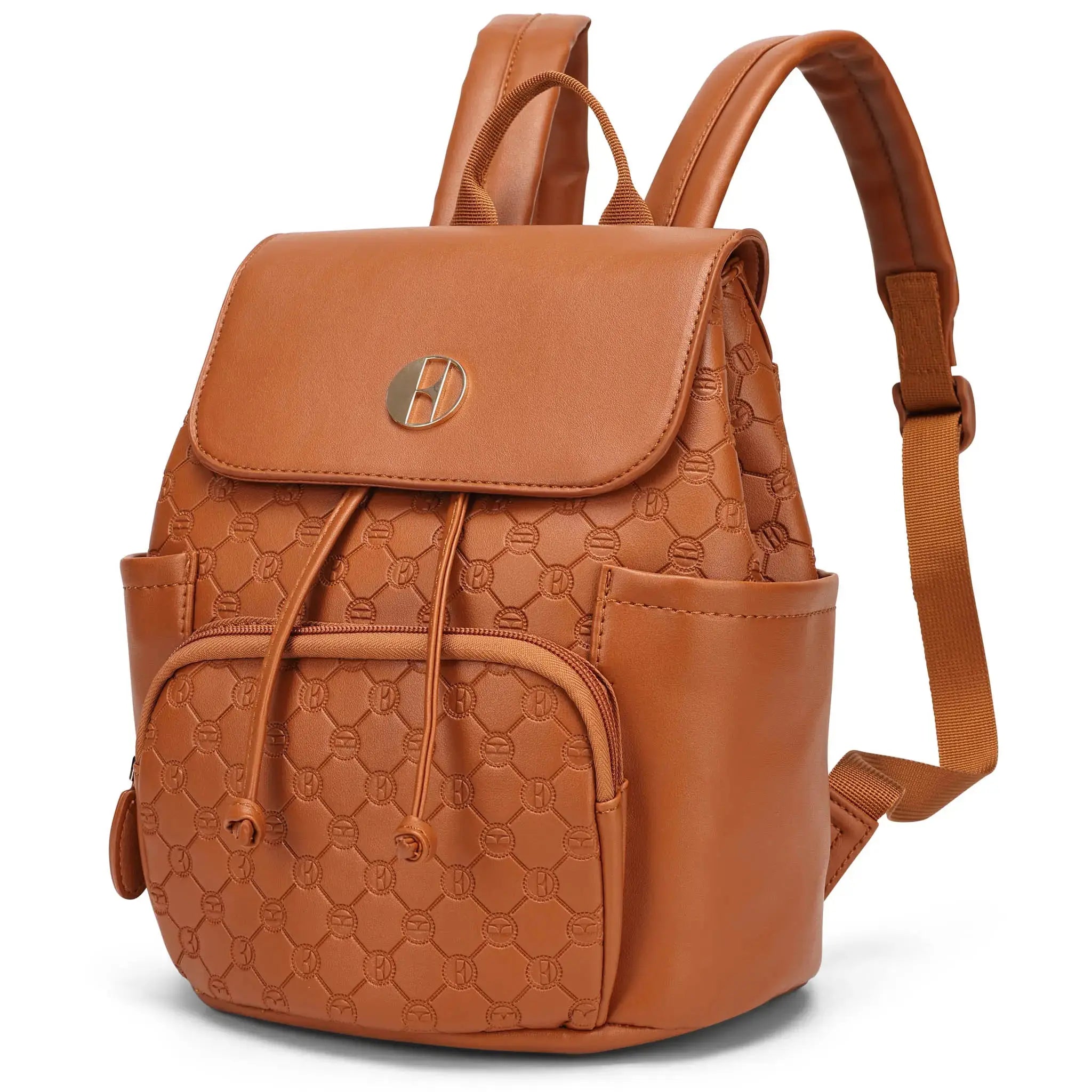 Brown backpack with a textured pattern on a white background