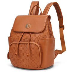 Brown backpack with a textured pattern on a white background