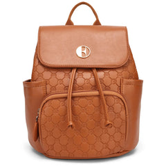 Brown backpack with a textured pattern on a white background
