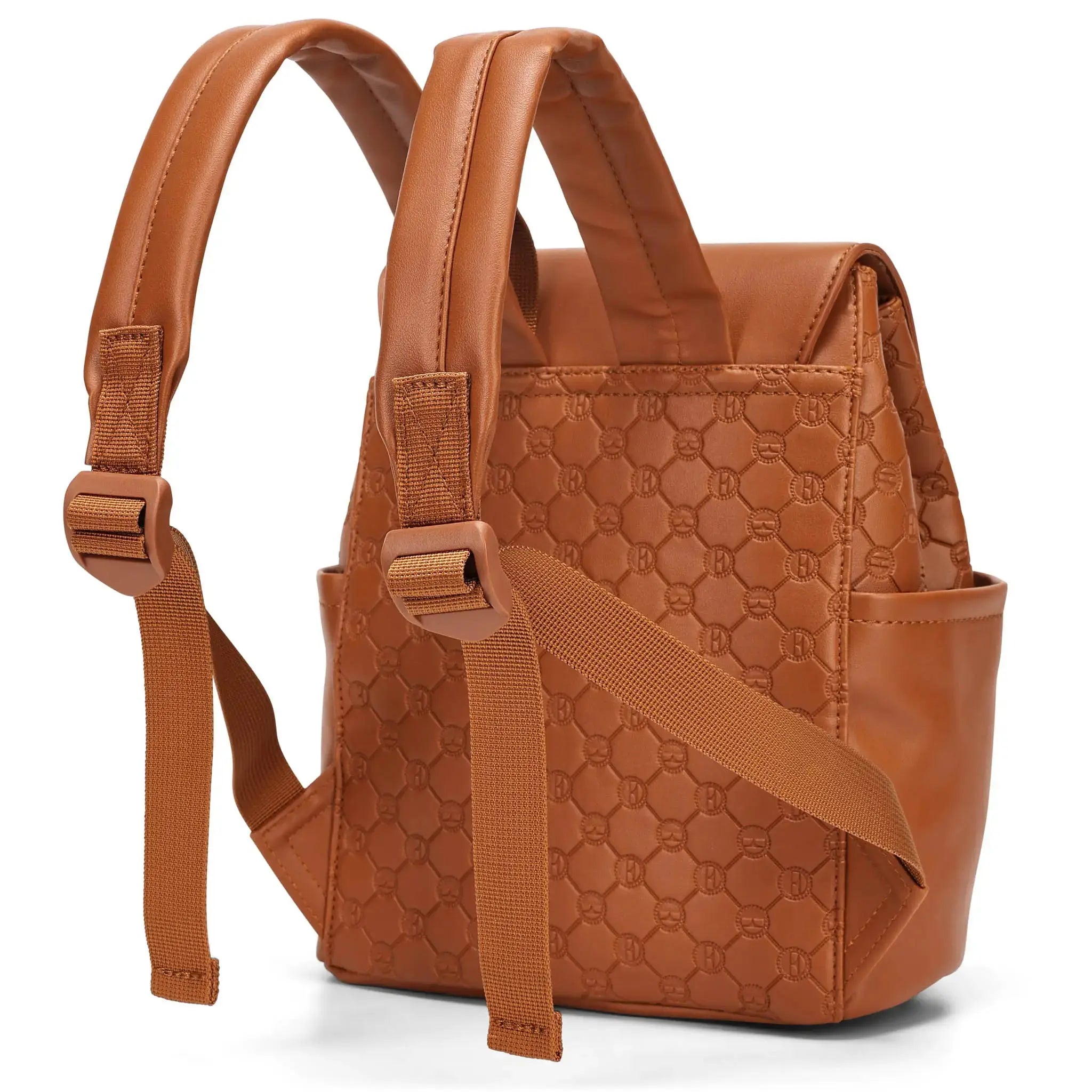 Brown quilted backpack on a white background