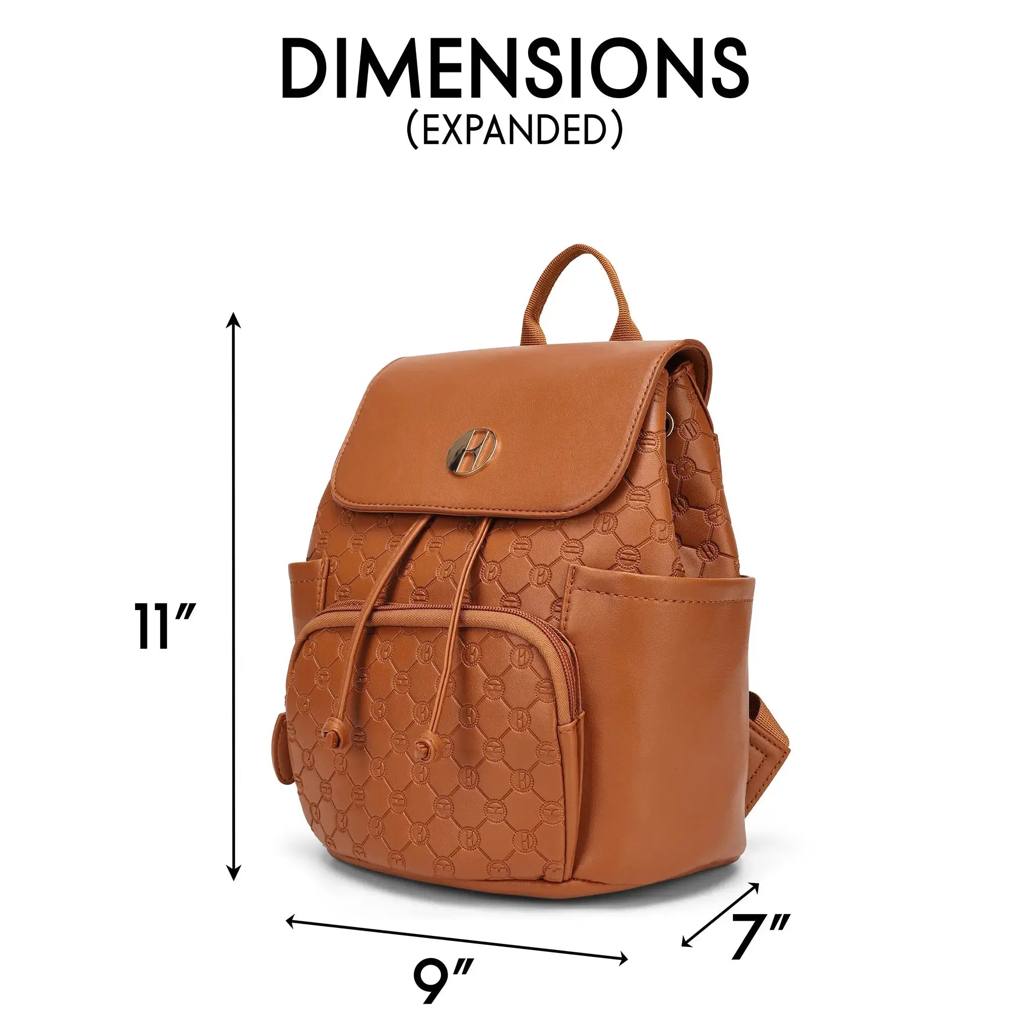 Brown backpack with dimensions labeled on a white background