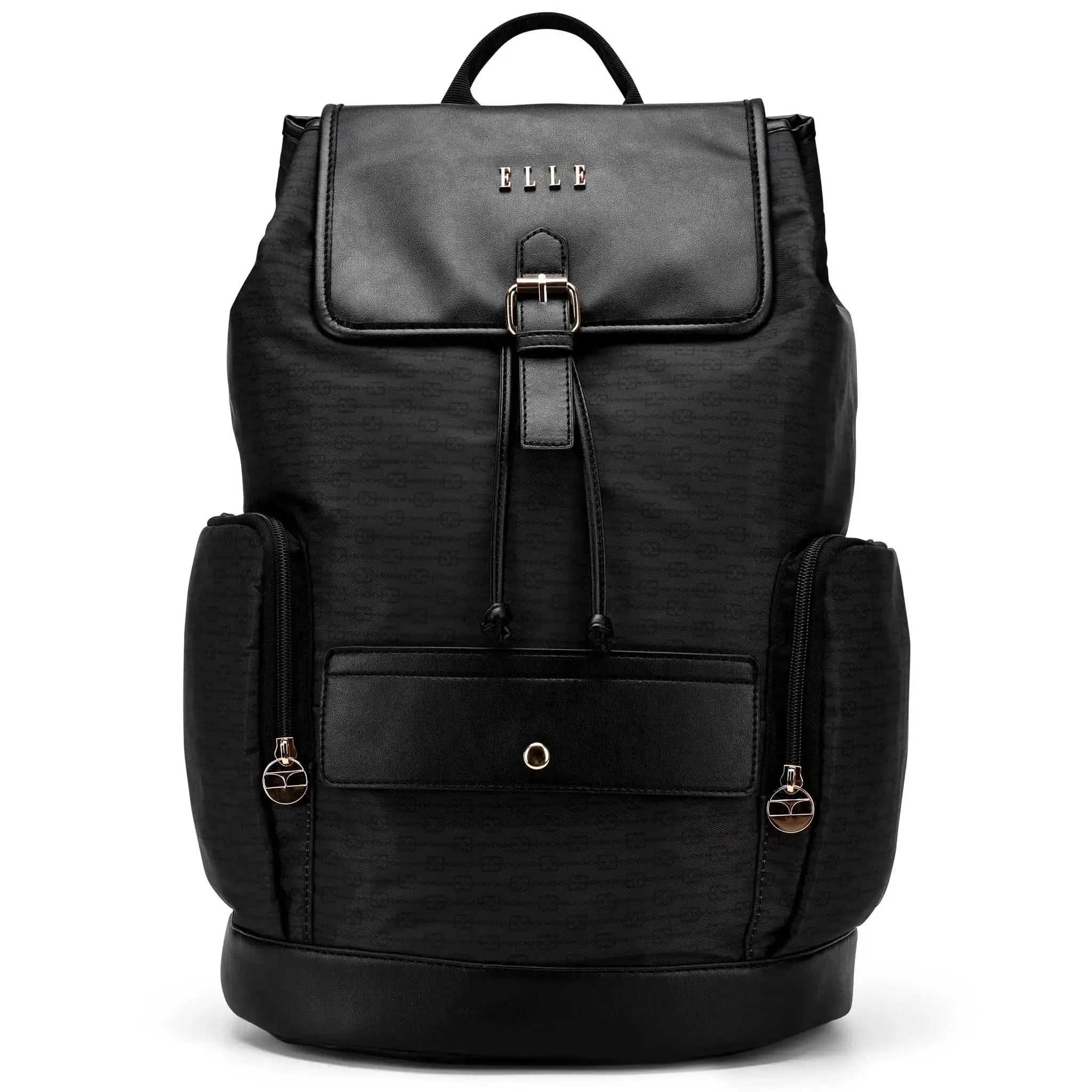Black backpack with gold accents on a white background