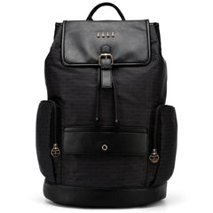 Black backpack with gold accents on a white background
