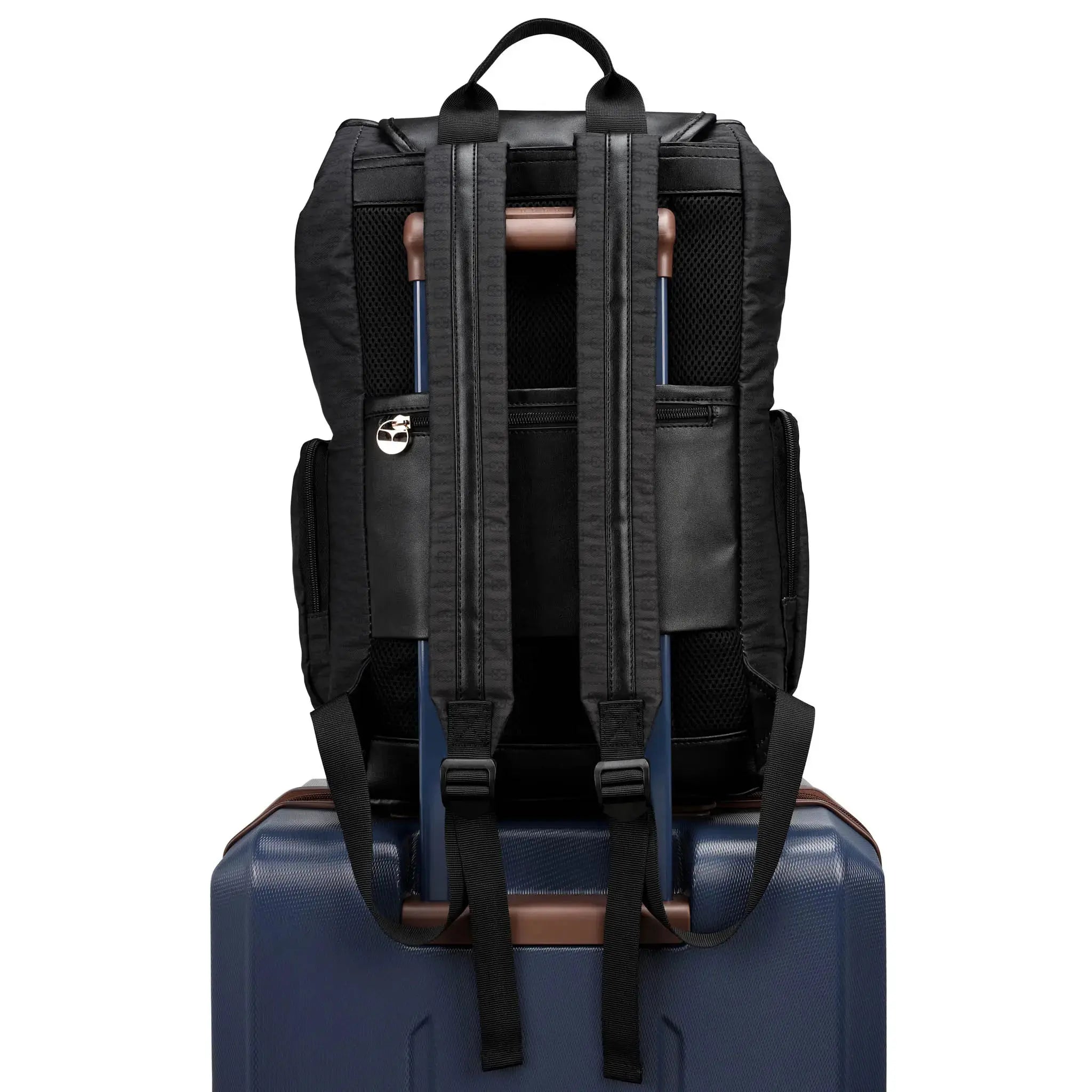 Black backpack with multiple compartments on a white background