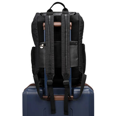 Black backpack with multiple compartments on a white background