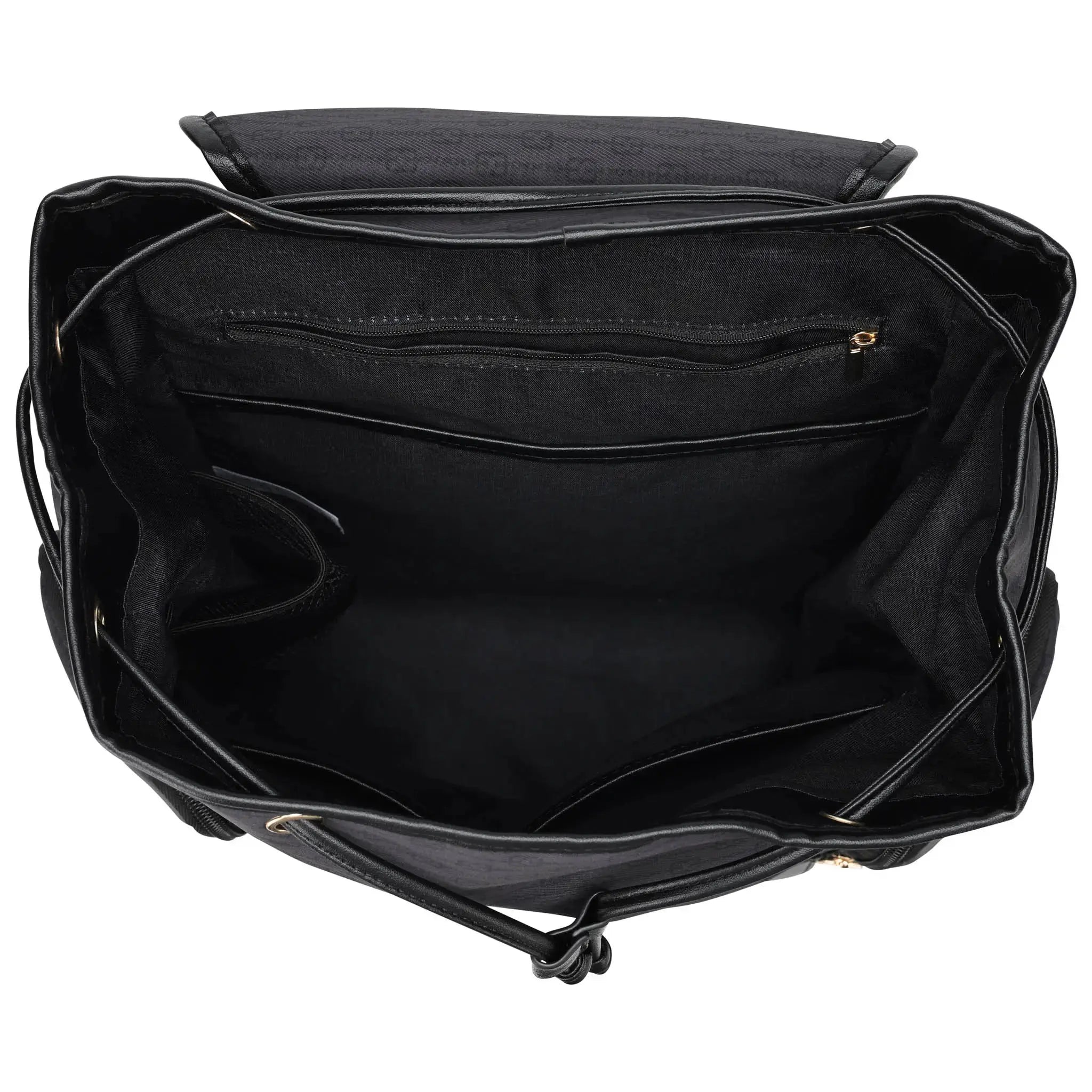 Black leather bag with open front pocket on a white background