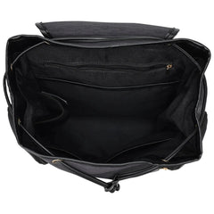 Black leather bag with open front pocket on a white background