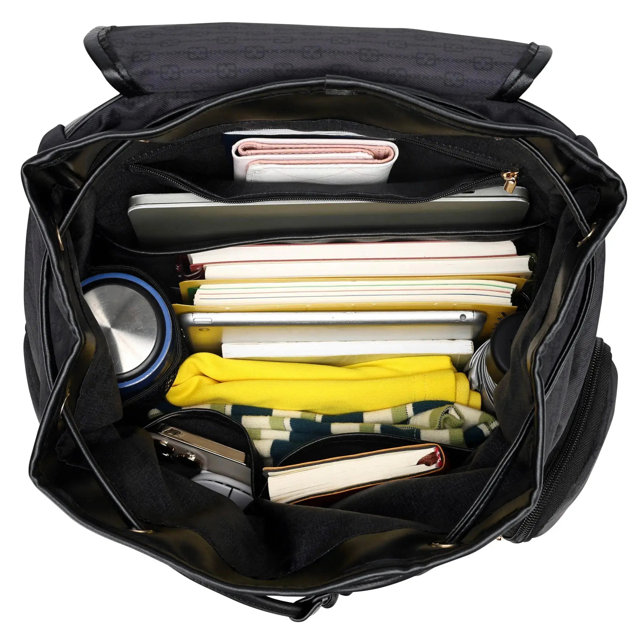 Black backpack with compartments filled with various items on a white background