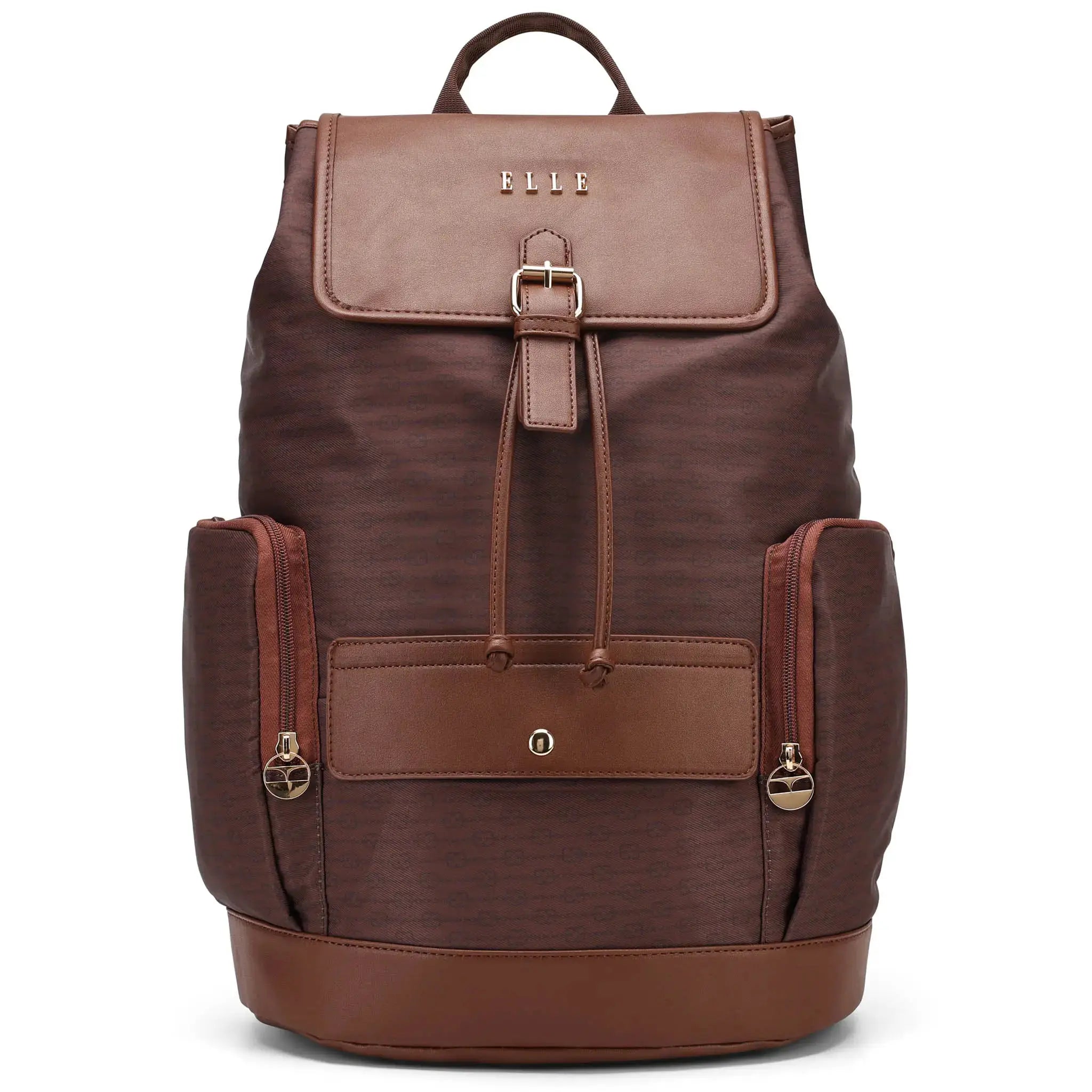 Brown backpack with gold accents on a white background
