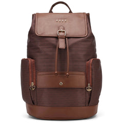 Brown backpack with gold accents on a white background