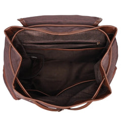 Brown leather bag with open front pocket on a white background