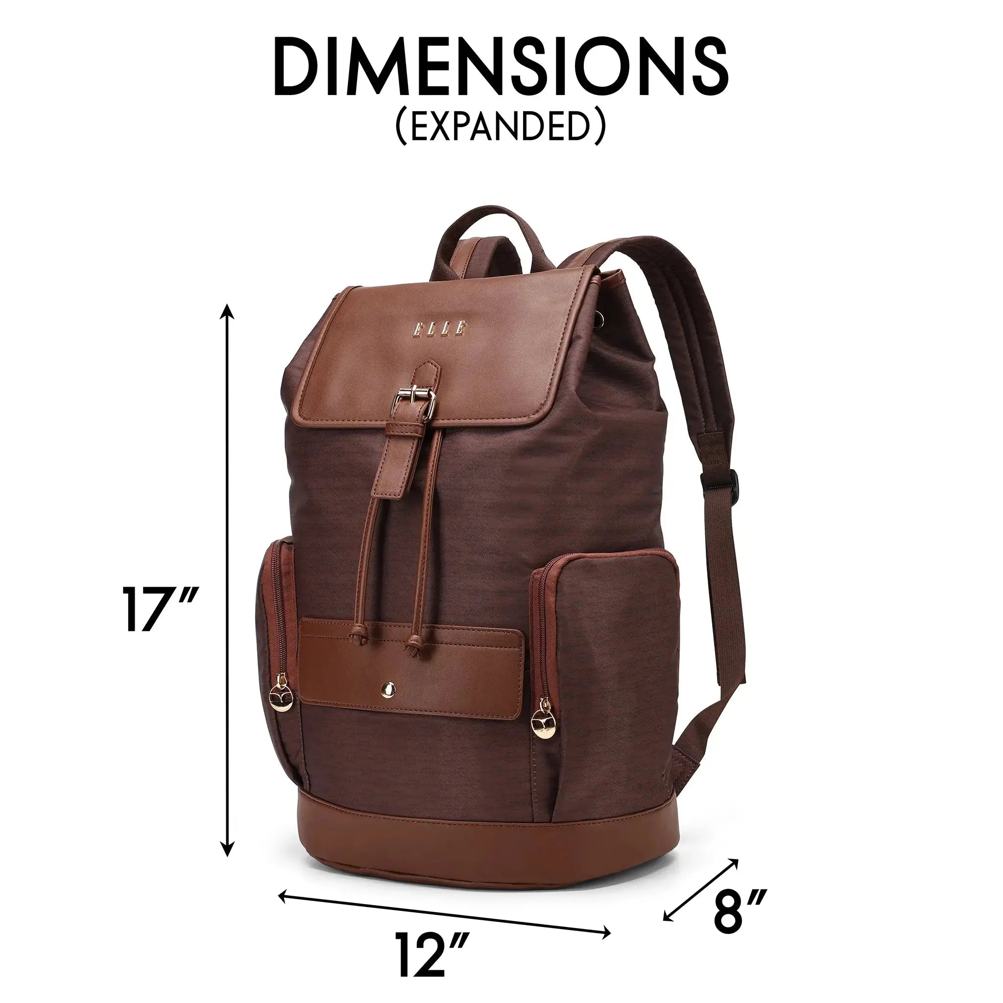 Brown backpack with dimensions labeled on a white background