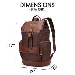 Brown backpack with dimensions labeled on a white background