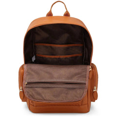 Brown leather backpack with open front pocket on a white background