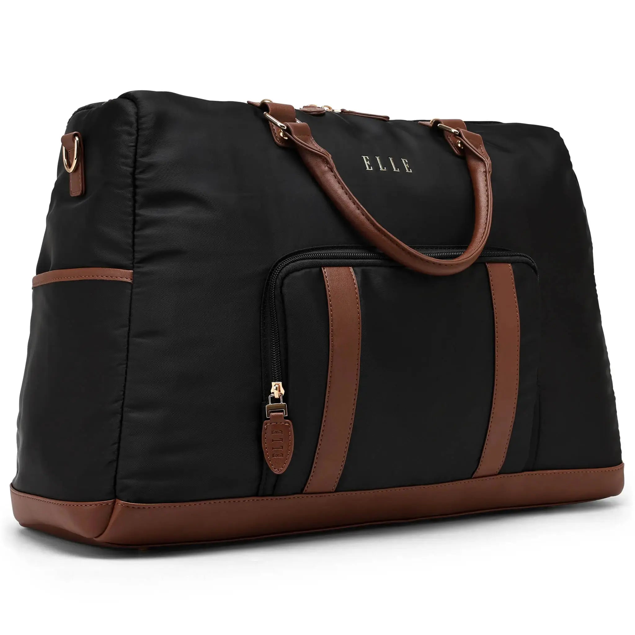 Black duffel bag with brown accents and 'ELLE' branding on a white background