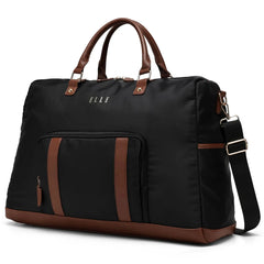 Black travel bag with brown accents and 'ELLE' branding on a white background
