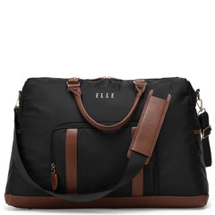 Black duffel bag with brown accents and 'ELLE' branding on a white background