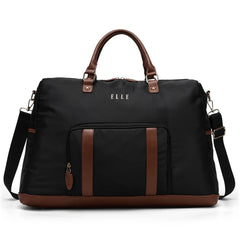 Black duffel bag with brown accents and 'ELLE' branding on a white background