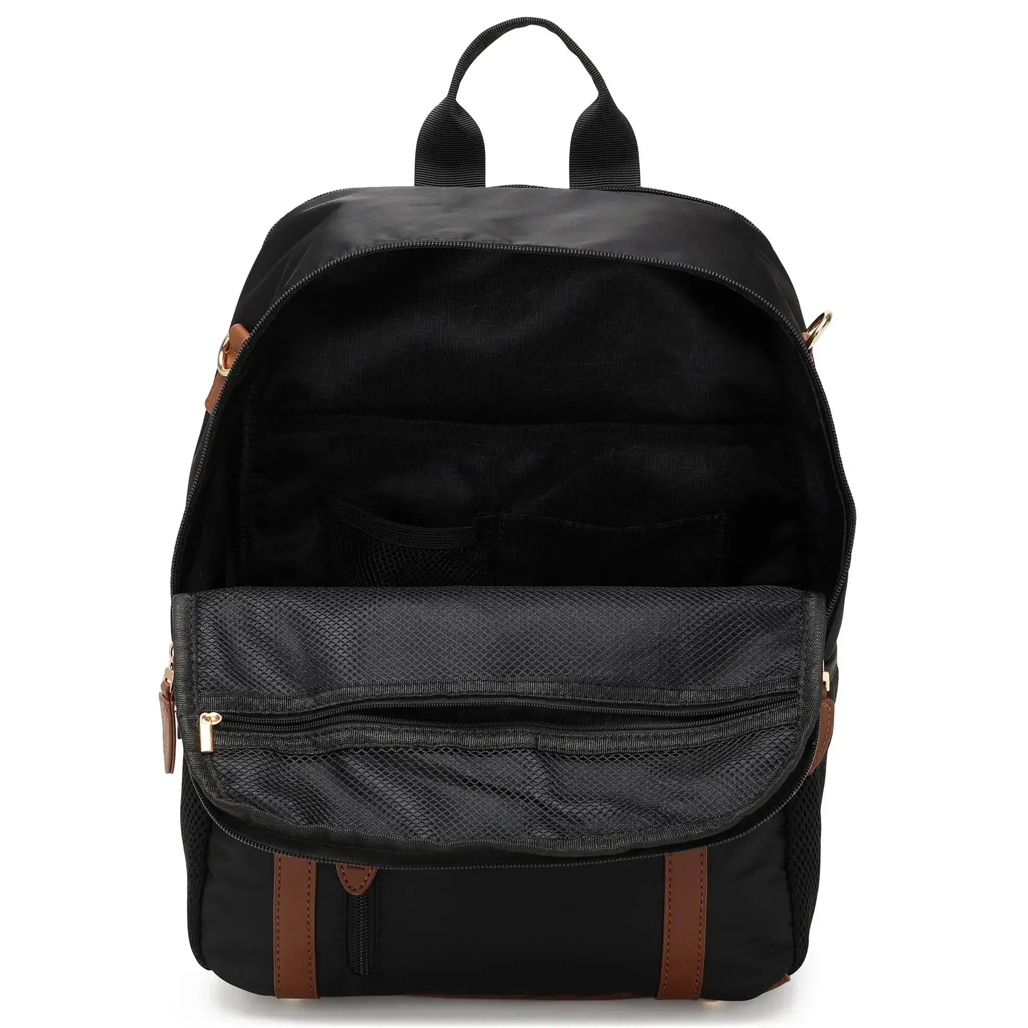 Black backpack with brown accents on a white background