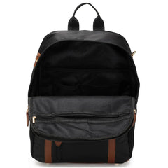 Black backpack with brown accents on a white background