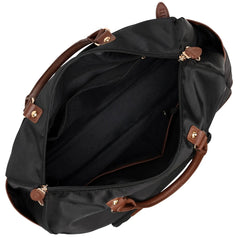 Black bag with brown handles and trim on a white background