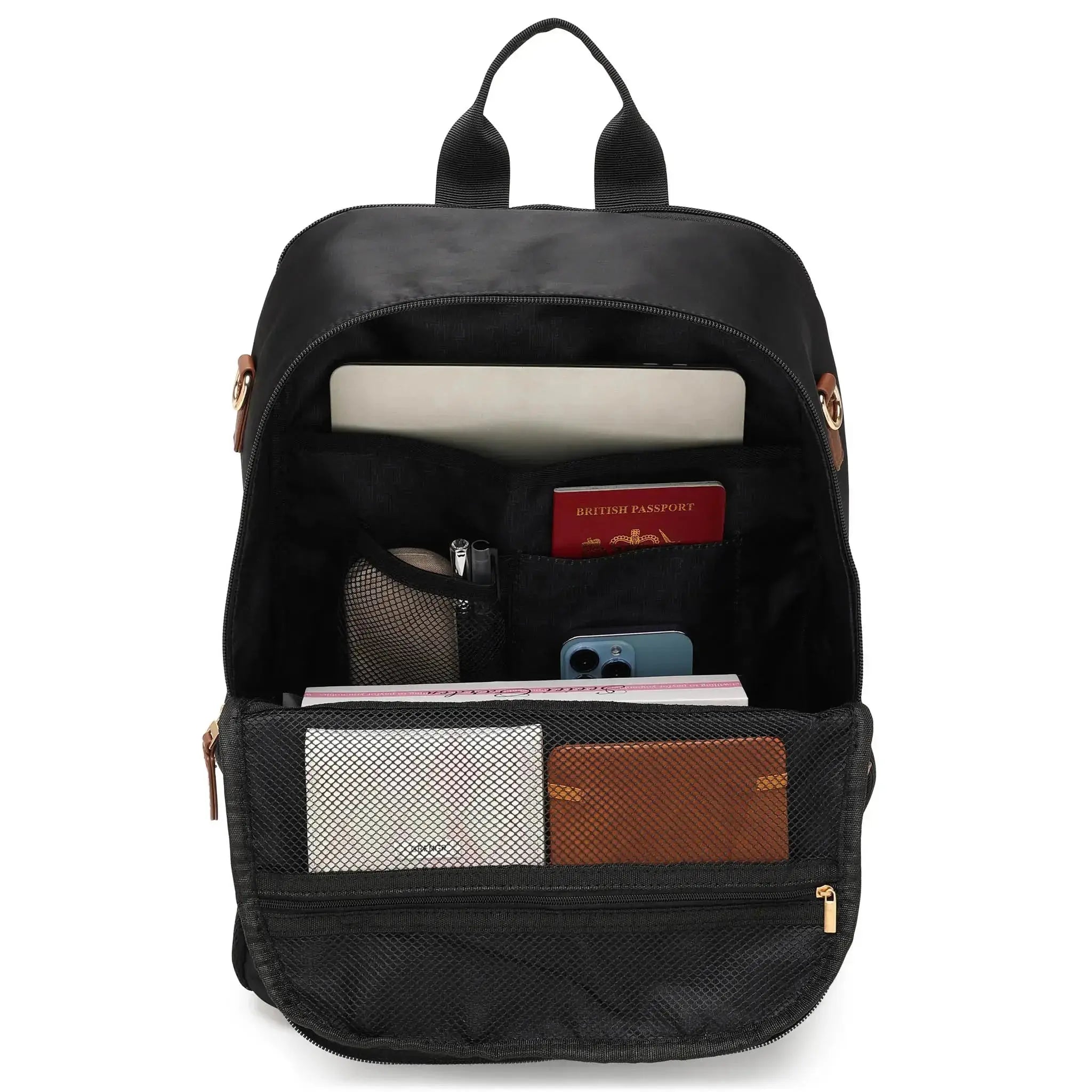 Black backpack with various items inside on a white background