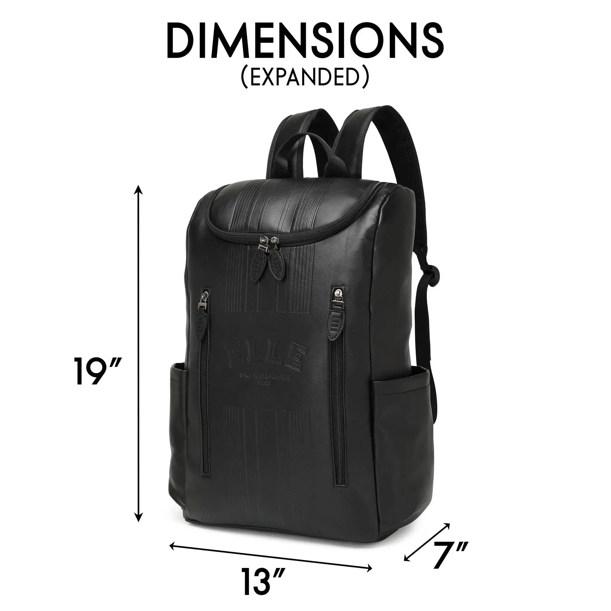 Black backpack with dimensions labeled on a white background
