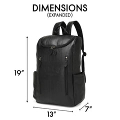 Black backpack with dimensions labeled on a white background