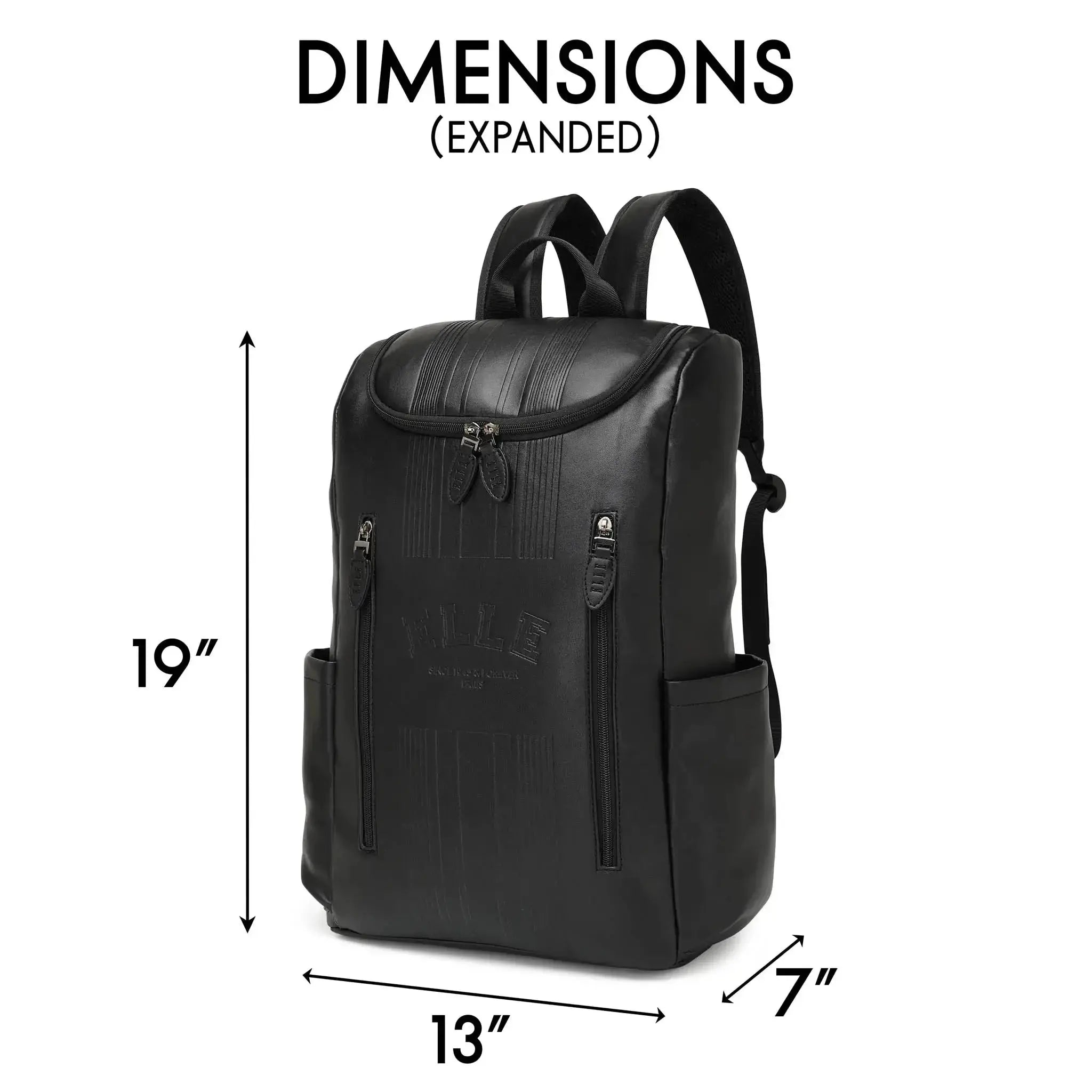Black backpack with dimensions labeled on a white background
