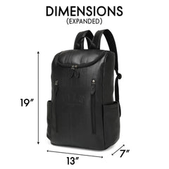 Black backpack with dimensions labeled on a white background
