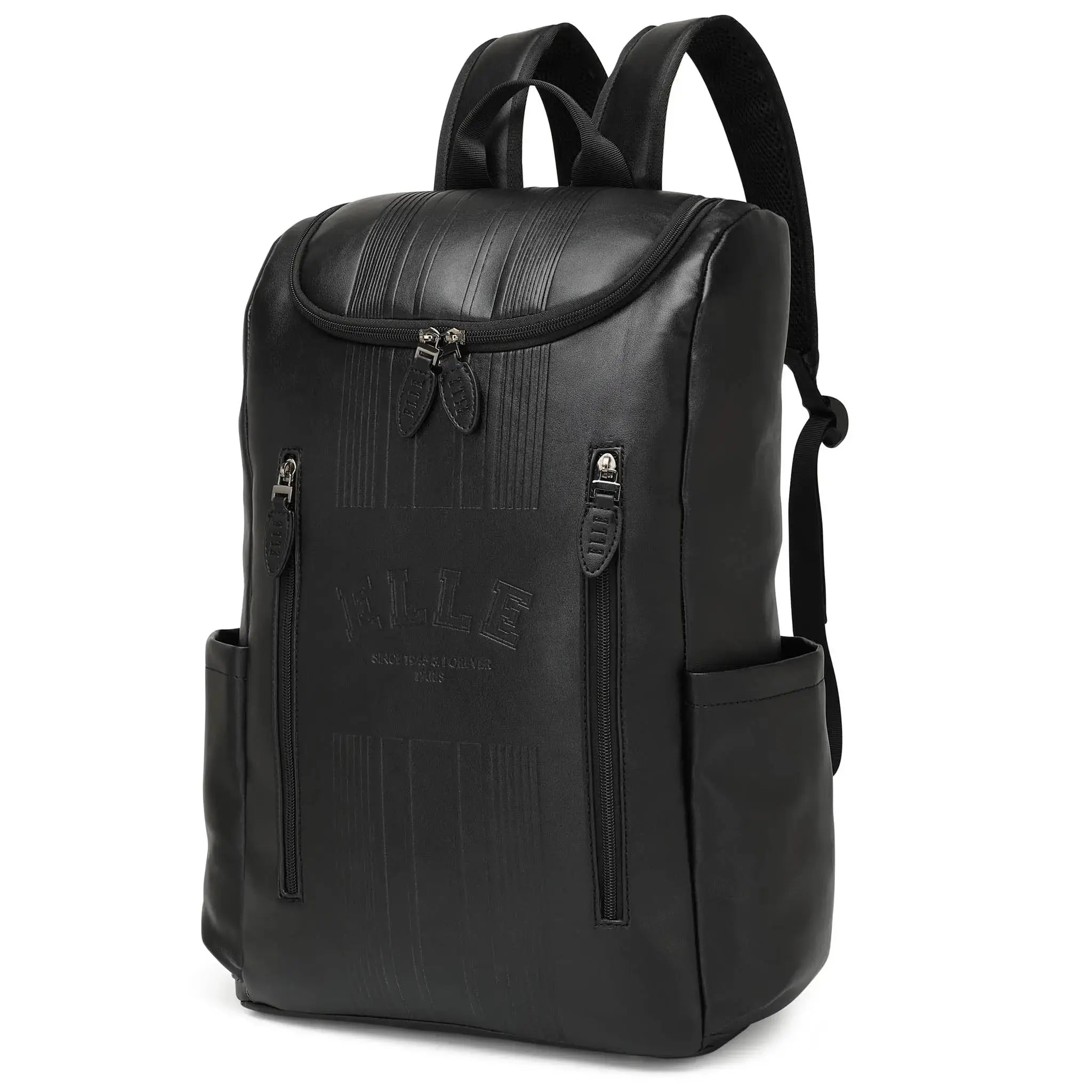 Black backpack with visible branding on a white background