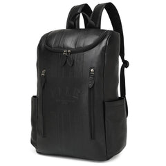 Black backpack with visible branding on a white background