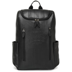 Black backpack with visible branding on a white background