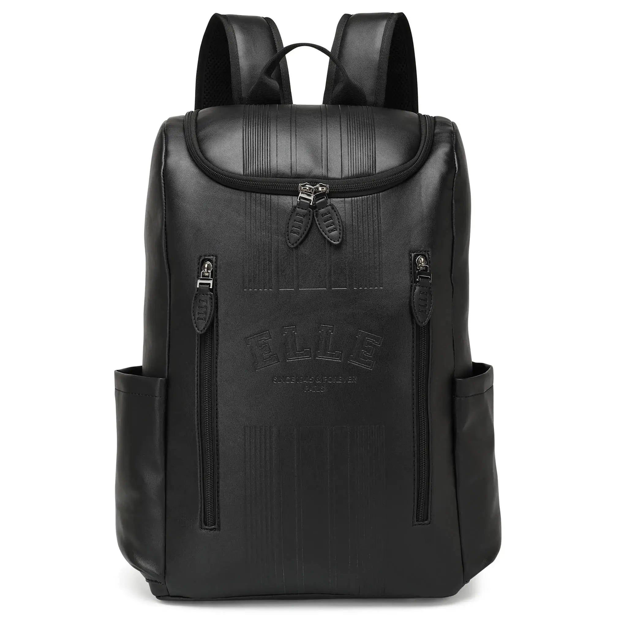 Black backpack with visible brand logo on a white background
