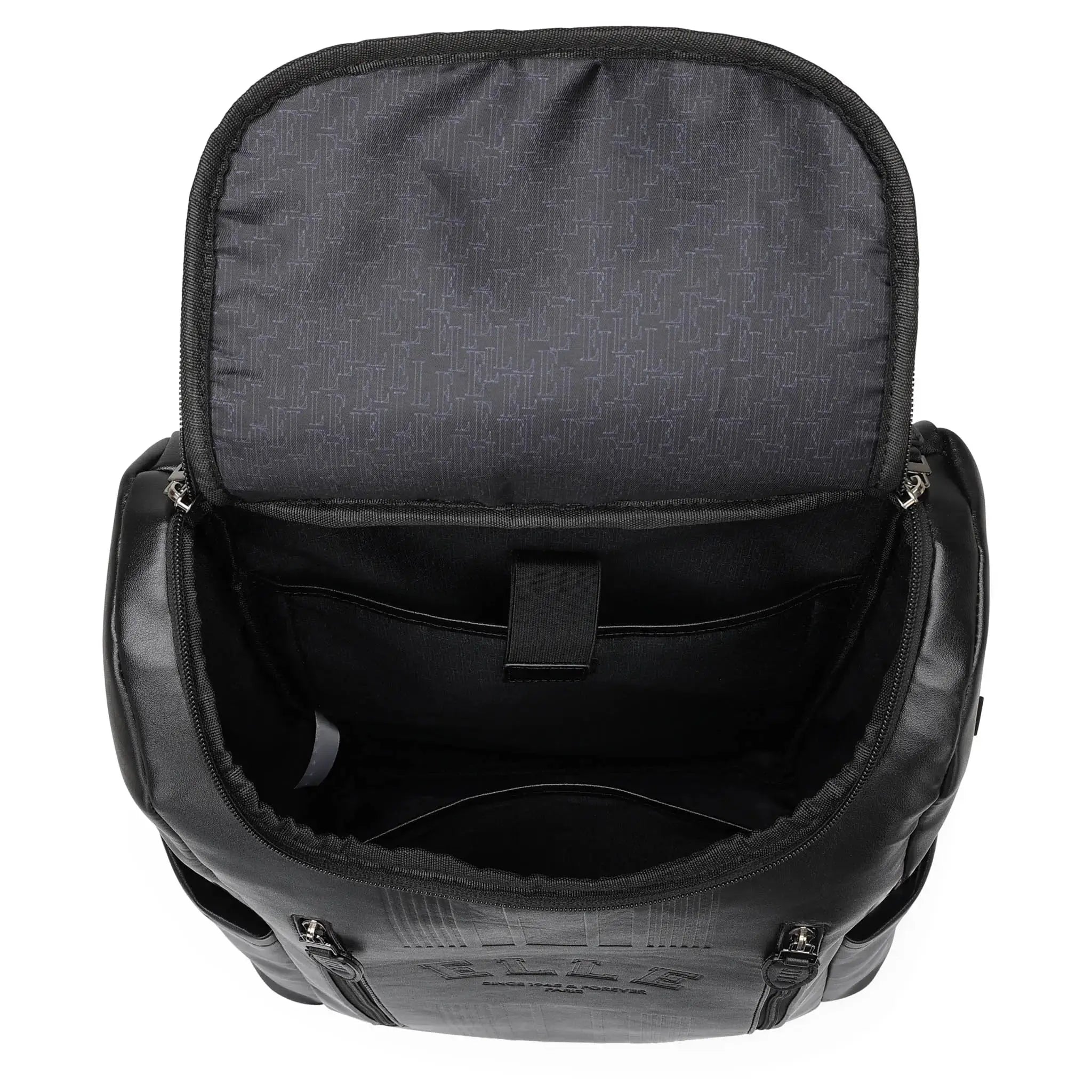 Black backpack with open top on a white background