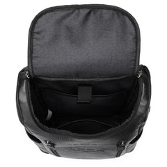 Black backpack with open lid on a white background