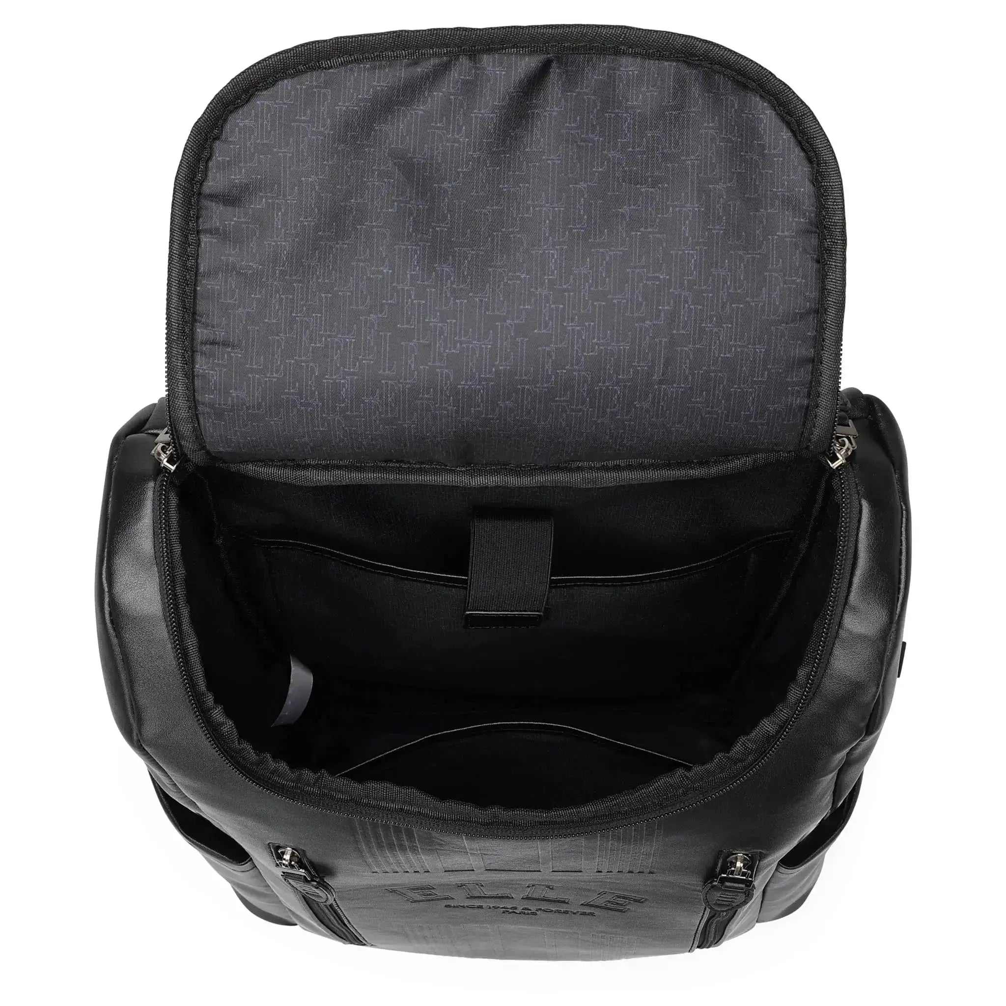 Black backpack with open lid on a white background
