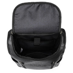 Black backpack with open lid on a white background