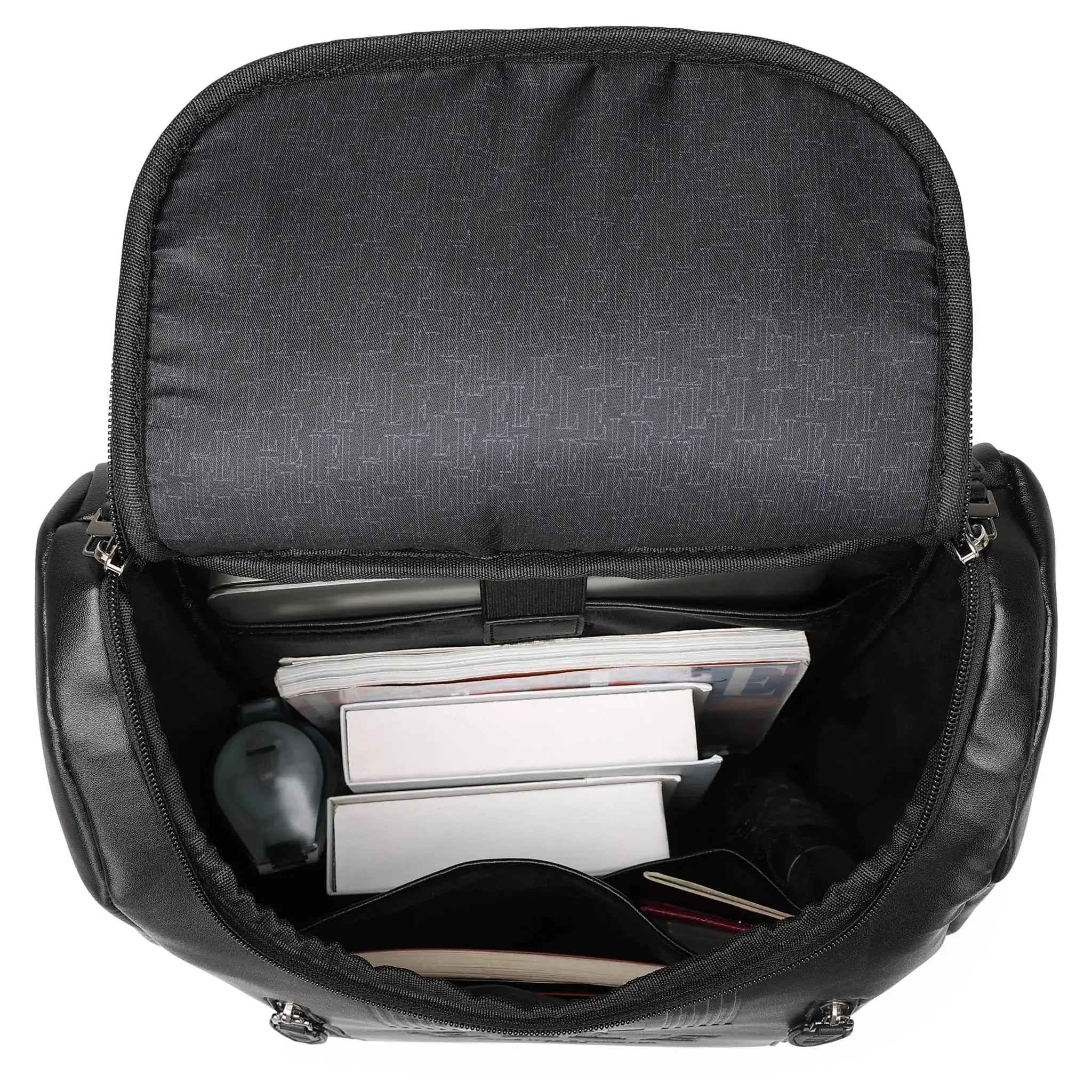 Black backpack with compartments containing electronic devices on a white background