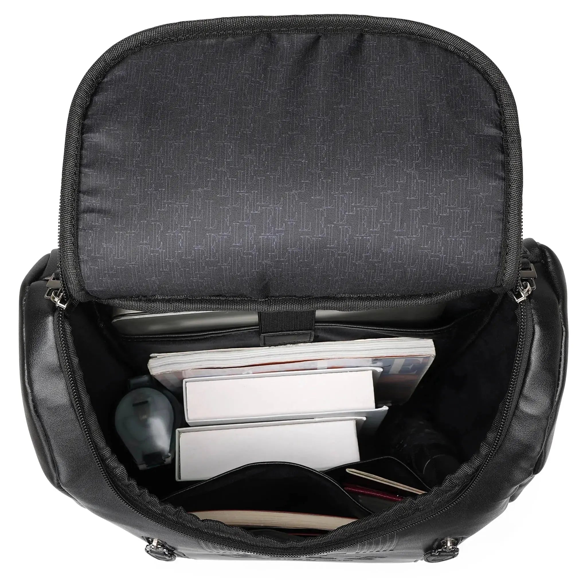 Black backpack with compartments containing electronic devices on a white background