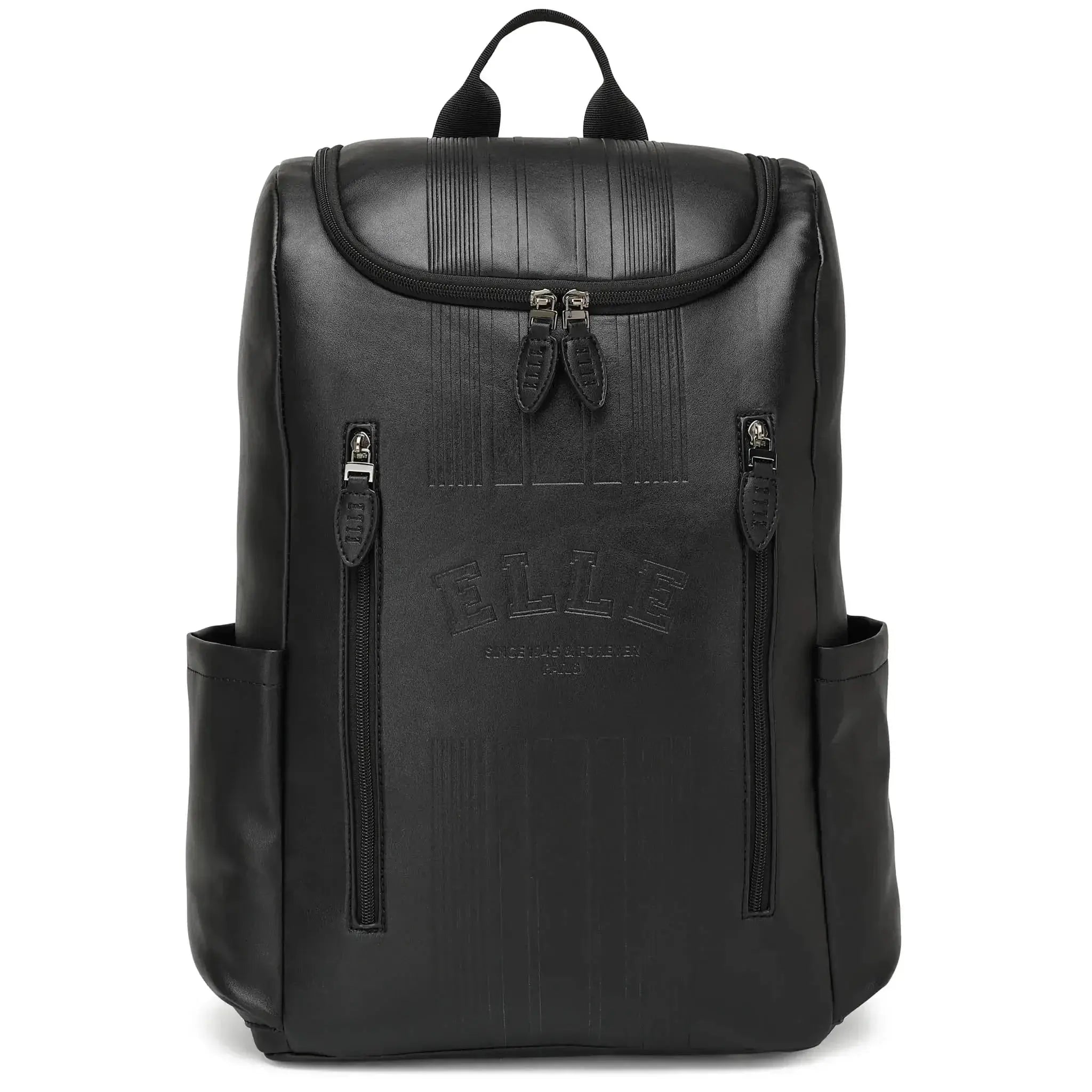 Black backpack with visible branding on a white background
