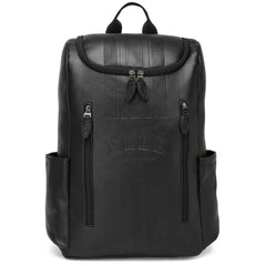 Black backpack with visible branding on a white background