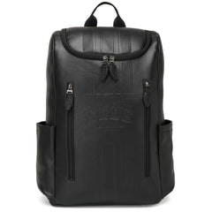 Black backpack with visible branding on a white background