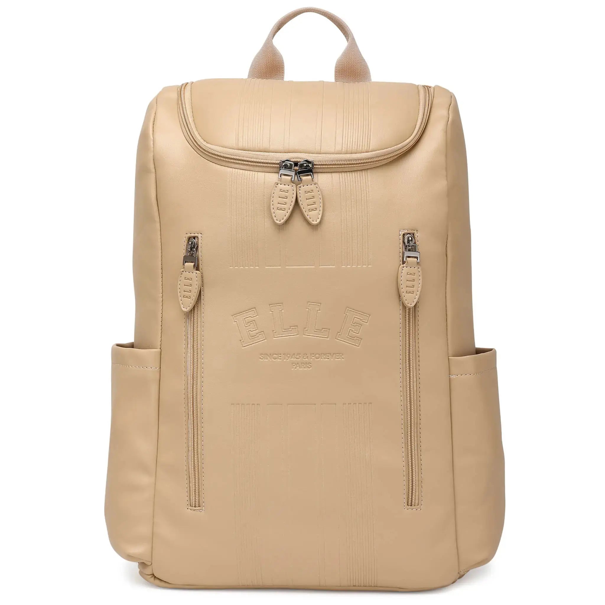 Beige backpack with visible branding on a white background