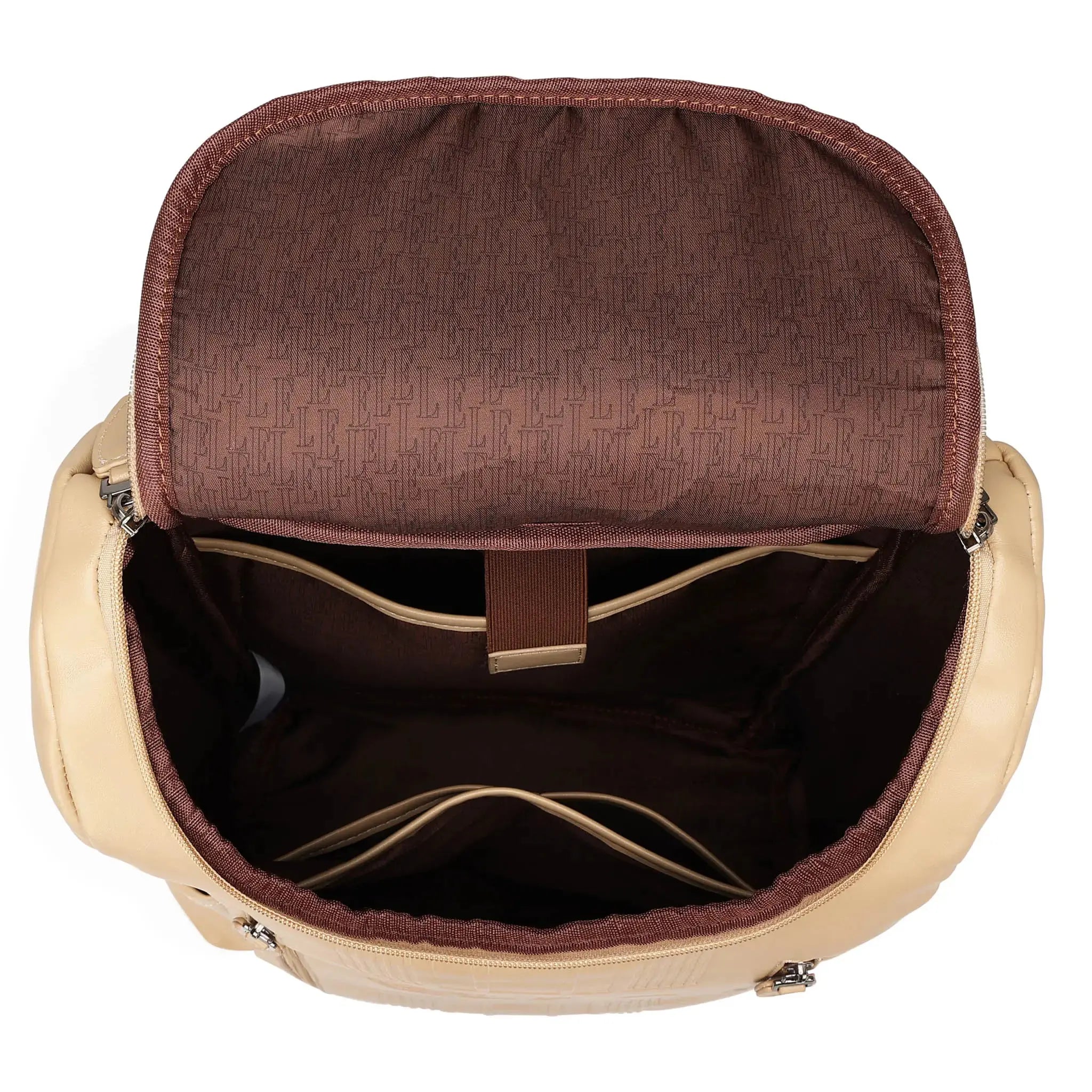 Open beige backpack with brown interior on a white background