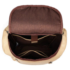 Open beige backpack with brown interior on a white background