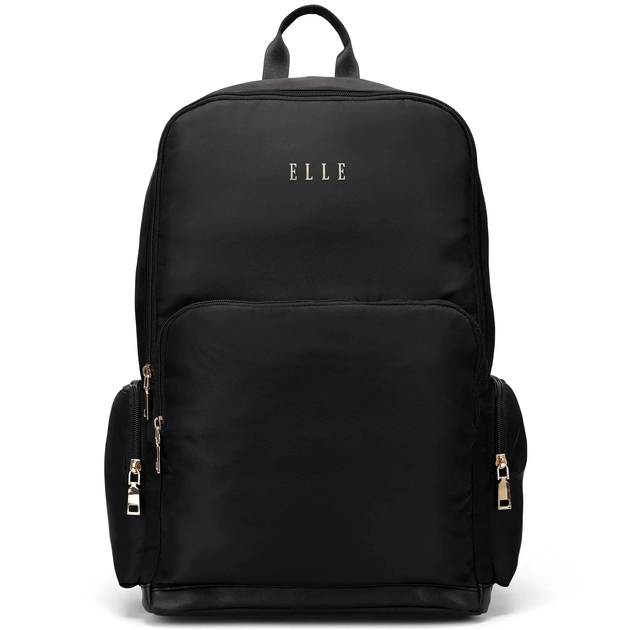 Black backpack with 'ELLE' branding on a white background