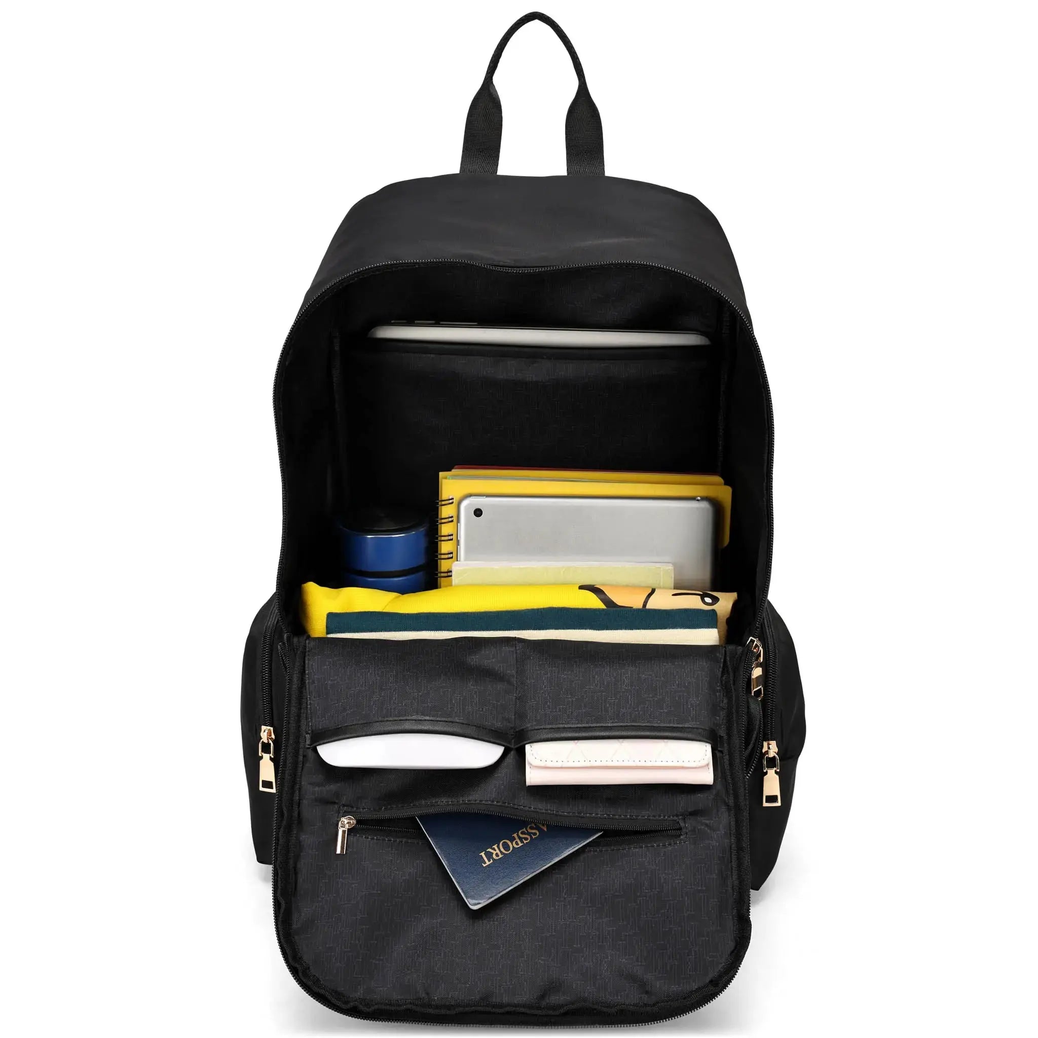 Black backpack with compartments and items on a white background