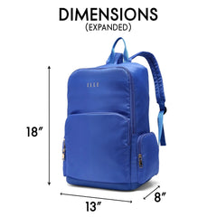 Blue backpack with dimensions labeled on a white background