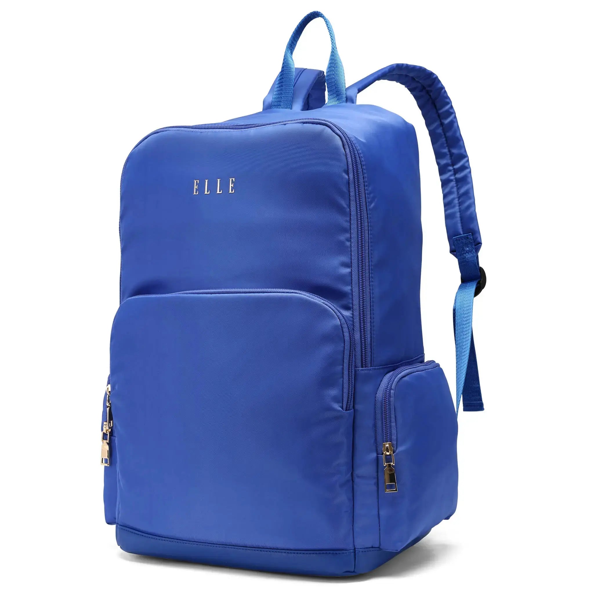 Blue backpack with 'ELLE' branding on a white background
